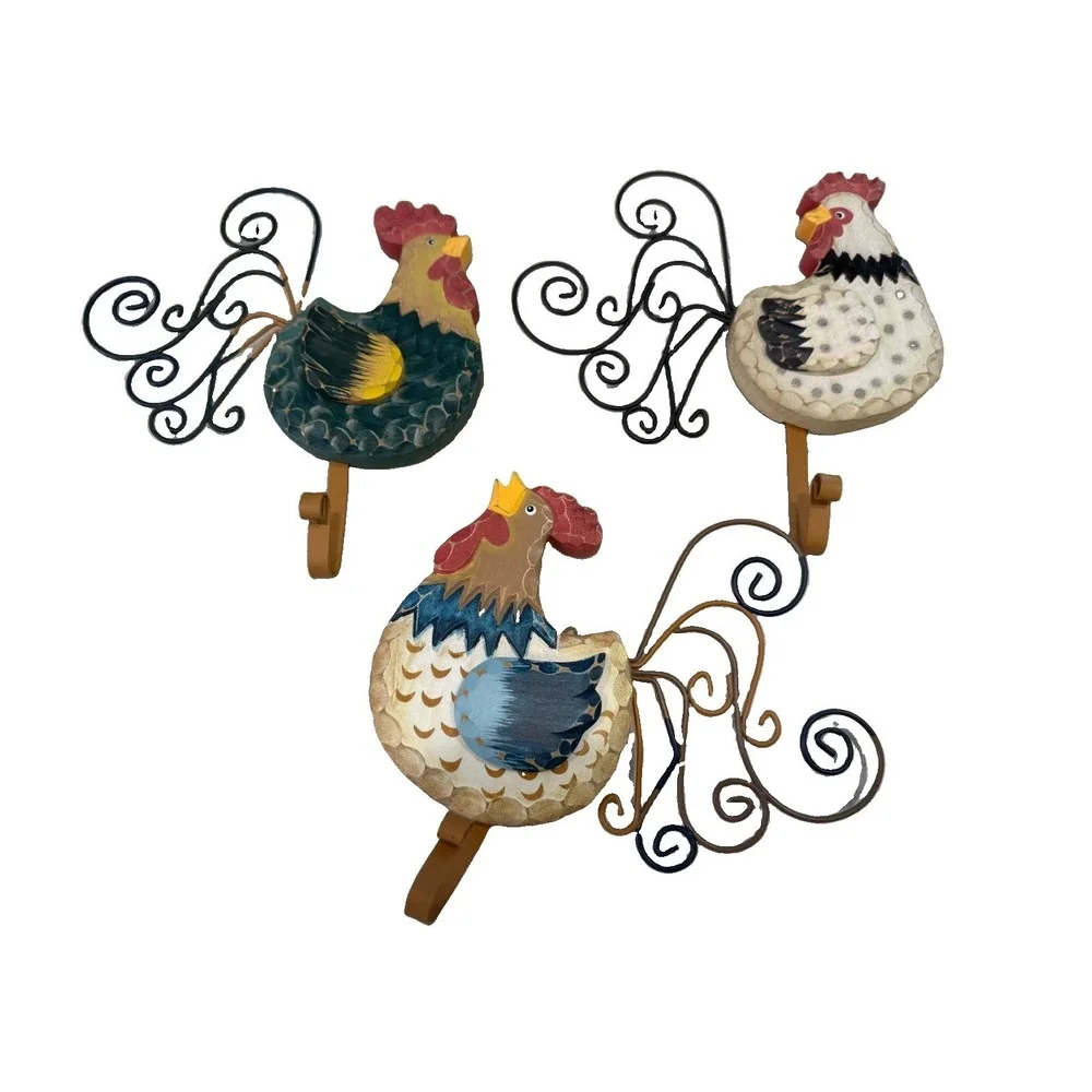 Rooster Hen Resin Wall Plaques Hook Hanger Wire FeathersFarm Core Green Blue Set
